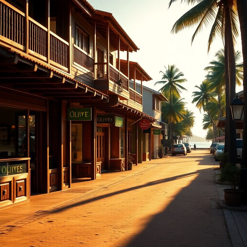 Calle principal de Tamarindo con fachadas de madera y luz de mañana